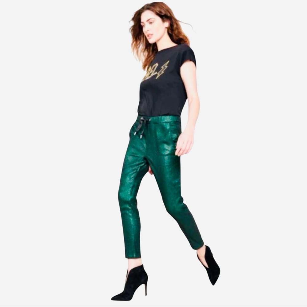 NWOT Reiko France Faustine Green Glitter Drawstring Pants - Picture 3 of 14
